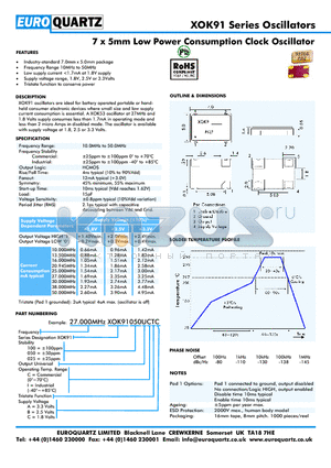 27.000XOK910025UCTA datasheet - 7 x 5mm Low Power Consumption Clock Oscillator