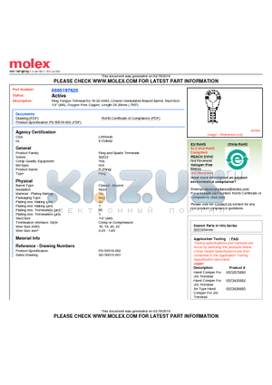 50519-7625 datasheet - Ring Tongue Terminal for 16-22 AWG, Closed Uninsulated Brazed Barrel, Stud Size1/4