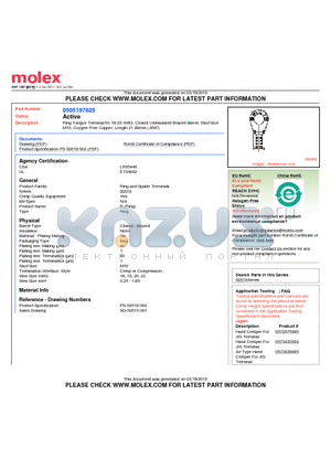 50519-7825 datasheet - Ring Tongue Terminal for 16-22 AWG, Closed Uninsulated Brazed Barrel, Stud SizeM10, Oxygen-Free Copper, Length 21.80mm (.858