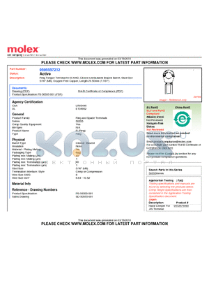 50555-7212 datasheet - Ring Tongue Terminal for 8 AWG, Closed Uninsulated Brazed Barrel, Stud Size5/16