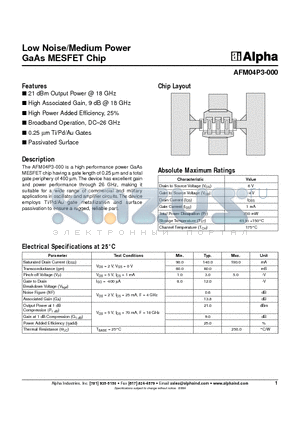 AFM04P3-000 datasheet - Low Noise/Medium Power GaAs MESFET Chip