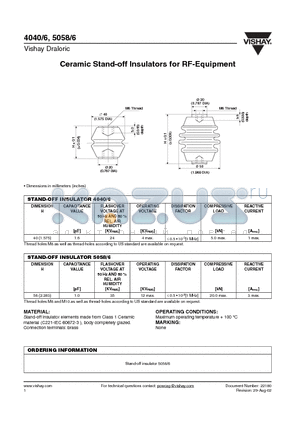 5058 datasheet - Ceramic Stand-off Insulators for RF-Equipment