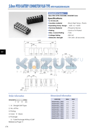 505602FA datasheet - 5.0mm PITCH BATTERY CONNECTOR PLUG TYPE