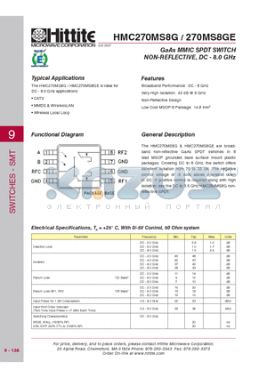 270MS8GE datasheet - GaAs MMIC SPDT SWITCH NON-REFLECTIVE, DC - 8.0 GHz