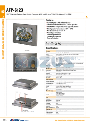 AFP-6123 datasheet - 12.1 Stainless Fanless Touch Panel Computer With Intel Atom D2550 Onboard, 2G RAM
