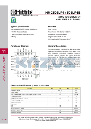 505LP4E datasheet - MMIC VCO w/ BUFFER AMPLIFIER, 6.8 - 7.4 GHz
