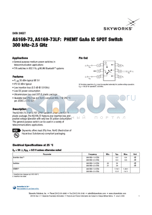 AS169-73LF datasheet - PHEMT GaAs IC SPDT Switch 300 kHz-2.5 GHz
