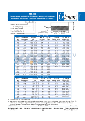 100-003B171L datasheet - Tubular Metal Braid ASTM B355 Class 4 OFHC Nickel Plated Copper for Series 72 & 74 Tubing and Series 75 Conduit