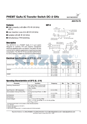 AS172-73 datasheet - PHEMT GaAs IC Transfer Switch DC-2 GHz