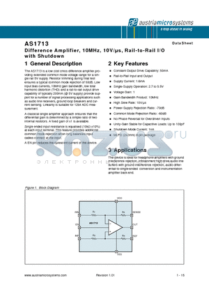 AS1713 datasheet - Difference Amplifier, 10MHz, 10V/ls, Rail-to-Rail I/O