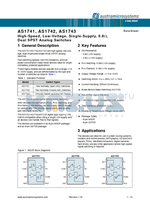 AS1741G datasheet - High-Speed, Low-Voltage, Single-Supply, 0.8,Dual SPST Analog Switches