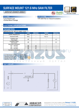 AFS121.6W01-SS97 datasheet - SURFACE MOUNT 121.6 MHz SAW FILTER