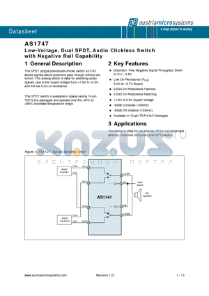 AS1747-BTDT datasheet - Low-Voltage, Dual SPDT, Audio Clickless Switch with Negative Rail Capability