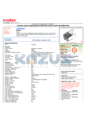 74062-2504 datasheet - 2.00mm (.079) Pitch VHDM^ Board-to-Board Backplane Header, Vertical, 8-Row, Guide Pin Signal Module, Shield End Version, Pin End Version, 200 Circuits