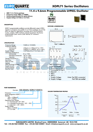 100.00XOPL71050CA datasheet - 11.4 x 9.6mm Programmable LVPECL Oscillator
