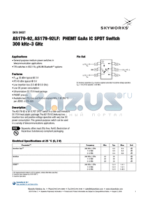 AS179-92LF datasheet - PHEMT GaAs IC SPDT Switch 300 kHz-3 GHz