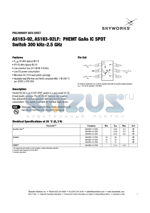 AS183-92 datasheet - PHEMT GaAs IC SPDT Switch 300 kHz-2.5 GHz
