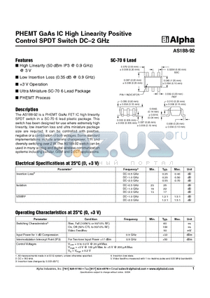 AS188-92 datasheet - PHEMT GaAs IC High Linearity Positive Control SPDT Switch DC-2 GHz