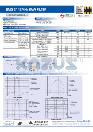 AFS2442.0S4 datasheet - SMD 2442MHz SAW FILTER