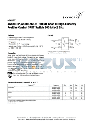 AS188-92LF datasheet - PHEMT GaAs IC High-Linearity Positive Control SPDT Switch 300 kHz-2 GHz