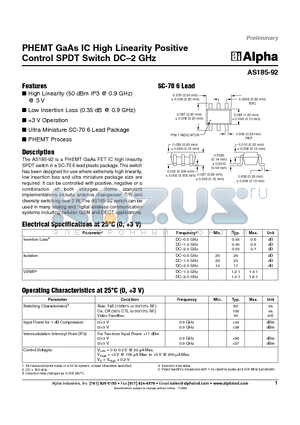 AS185-92 datasheet - PHEMT GaAs IC High Linearity Positive Control SPDT Switch DC-2 GHz
