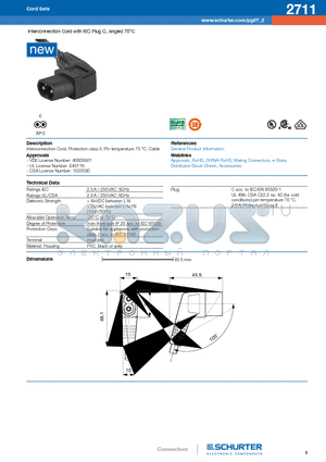 2711 datasheet - Interconnection Cord with IEC Plug C, Angled 70`C