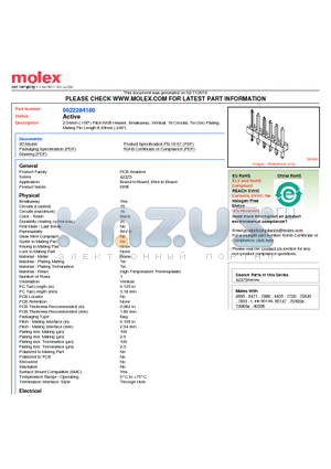 0022284180 datasheet - 2.54mm (.100) Pitch KK^ Header, Breakaway, Vertical, 18 Circuits, Tin (Sn) Plating, Mating Pin Length 6.09mm (.240)