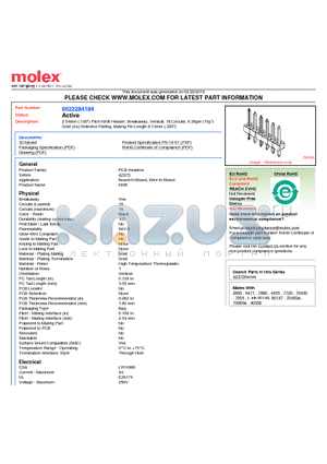 0022284184 datasheet - 2.54mm (.100) Pitch KK^ Header, Breakaway, Vertical, 18 Circuits, 0.38lm (15l) Gold (Au) Selective Plating, Mating Pin Length 8.13mm (.320)