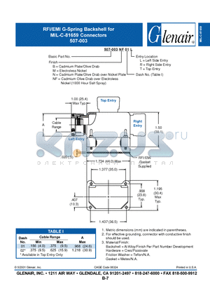 507-003M01L datasheet - RFI/EMI G-Spring Backshell for MIL-C-81659 Connectors