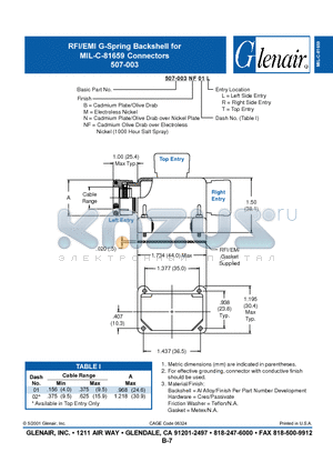 507-003N01R datasheet - RFI/EMI G-Spring Backshell for MIL-C-81659 Connectors