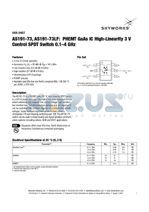 AS191-73 datasheet - PHEMT GaAs IC High-Linearity 3 V Control SPDT Switch 0.1-4 GHz