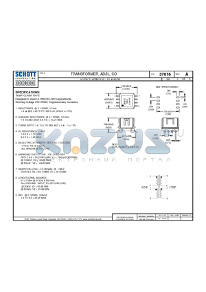 37816 datasheet - TRANSFORMER, ADSL, CO