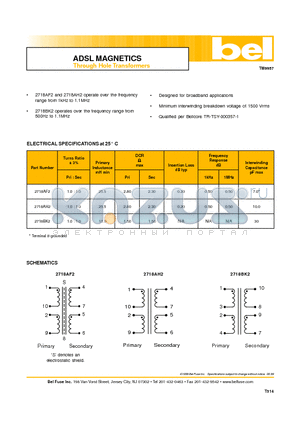 2718AH2 datasheet - ADSL MAGNETICS Through Hole Transformers