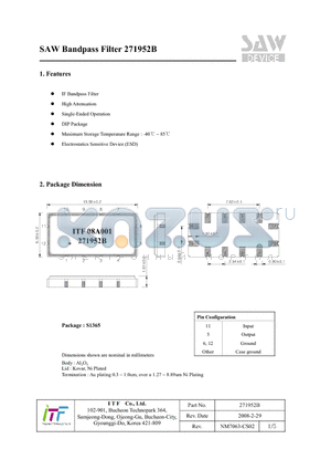 271952B datasheet - SAW Bandpass Filter