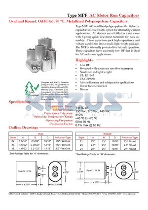 37FB4440-F datasheet - AC Motor Run Capacitors Oval and Round, Oil Filled, 70 C, Metallized Polypropylene Capacitors