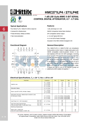 271LP4E datasheet - 1 dB LSB GaAs MMIC 5-BIT SERIAL CONTROL DIGITAL ATTENUATOR, 0.7 - 3.7 GHz