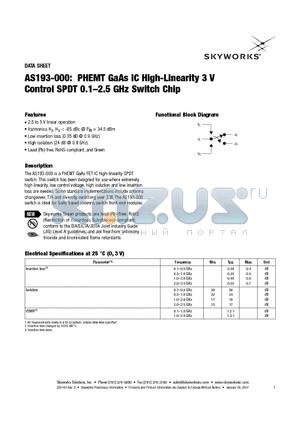 AS193-000 datasheet - PHEMT GaAs IC High-Linearity 3 V Control SPDT 0.1-2.5 GHz Switch Chip
