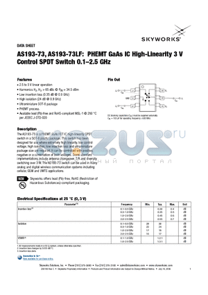 AS193-73 datasheet - PHEMT GaAs IC High-Linearity 3 V Control SPDT Switch 0.1-2.5 GHz