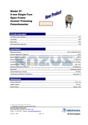 37WR10KLF datasheet - 9 mm Single-Turn Open Frame Cermet Trimming Potentiometer