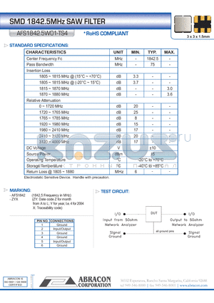 AFS1842.5W01-TS4 datasheet - SMD 1842.5MHz SAW FILTER