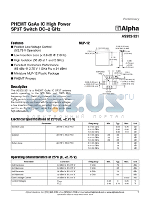 AS202-321 datasheet - PHEMT GaAs IC High Power SP3T Switch DC-2 GHz