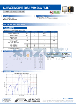 AFS406.1W01-TS31 datasheet - SURFACE MOUNT 406.1 MHz SAW FILTER