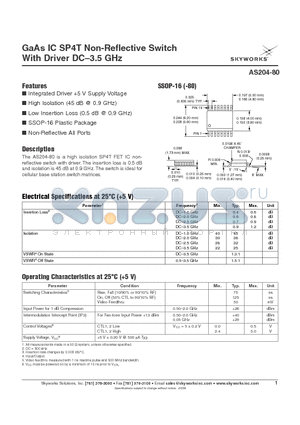 AS204-80 datasheet - GaAs IC SP4T Non-Reflective Switch With Driver DC-3.5 GHz