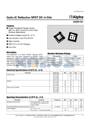 AS209-321 datasheet - GaAs IC Reflective SPDT DC-6 GHz