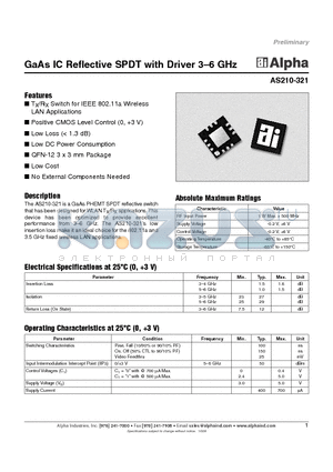 AS210-321 datasheet - GaAs IC Reflective SPDT with Driver 3-6 GHz