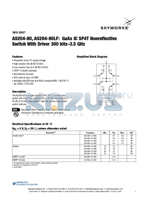 AS204-80LF datasheet - GaAs IC SP4T Nonreflective Switch With Driver 300 kHz-3.5 GHz