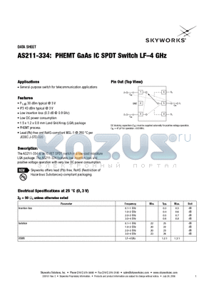 AS211-334 datasheet - PHEMT GaAs IC SPDT Switch LF-4 GHz