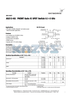 AS213-92 datasheet - PHEMT GaAs IC SPDT Switch 0.1-3 GHz