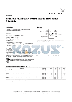 AS213-92LF datasheet - PHEMT GaAs IC SPDT Switch 0.1-3 GHz