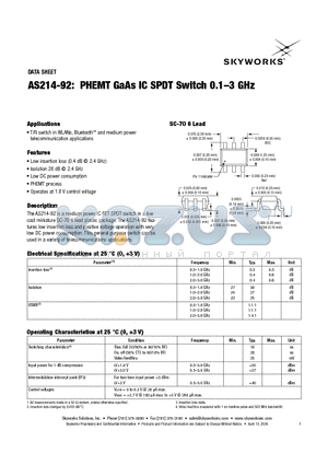 AS214-92 datasheet - PHEMT GaAs IC SPDT Switch 0.1-3 GHz